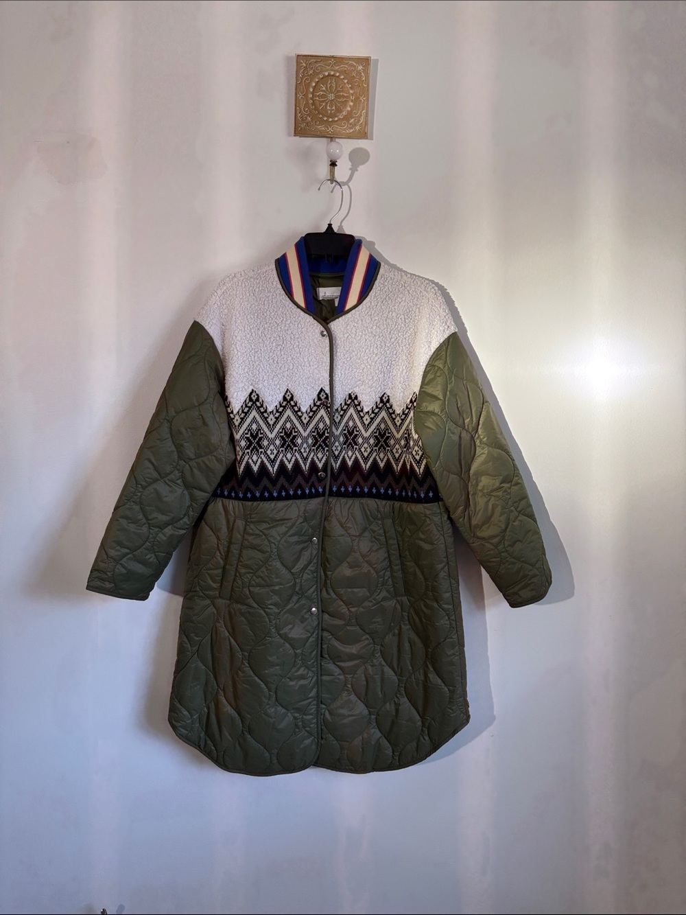 Quilted Olive Green & White Patterned Women's Coat